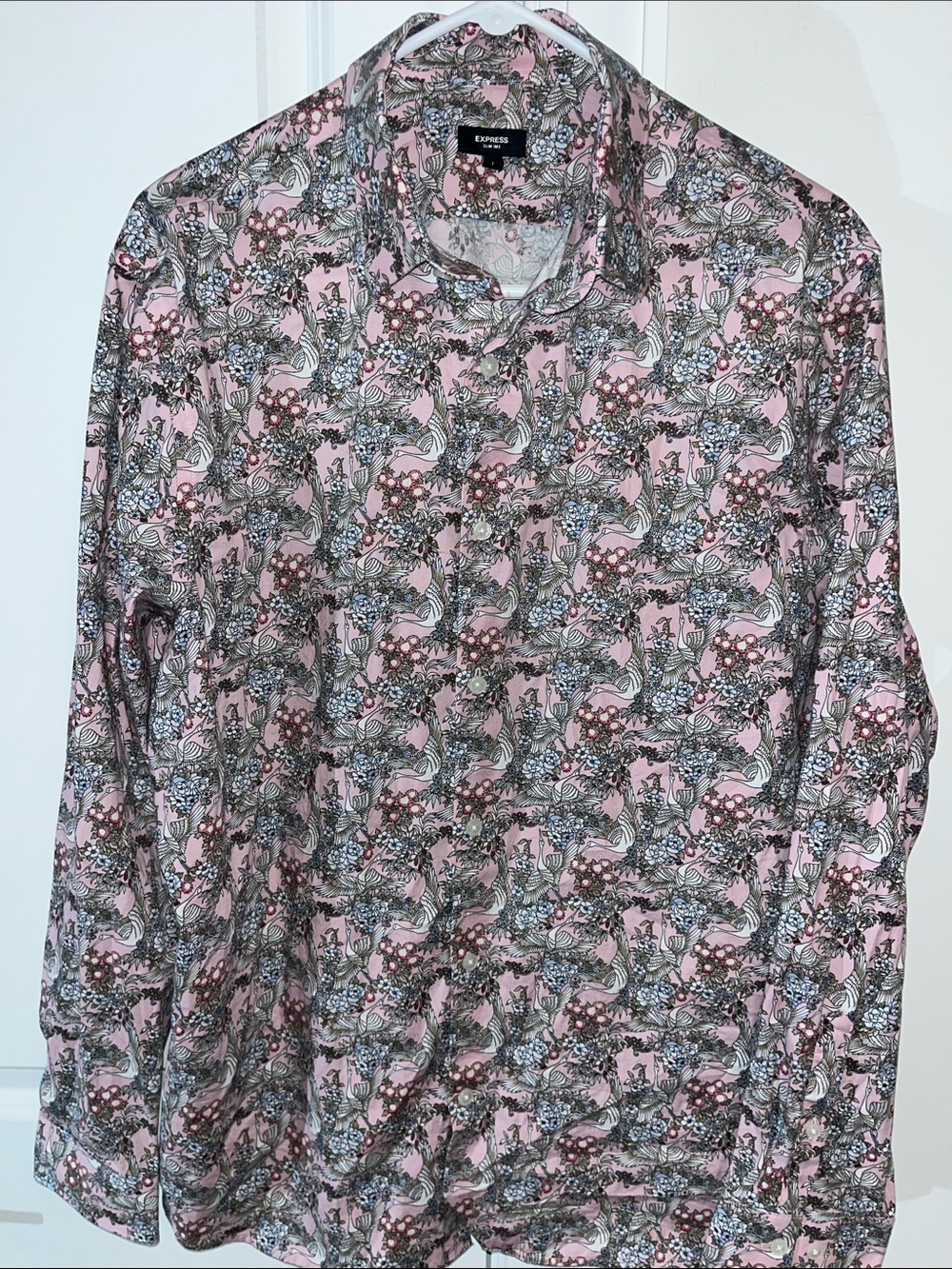EXPRESS Slim 1MX Pink Paisley Bird Floral Flower Print LS Mens Shirt L Reverse
